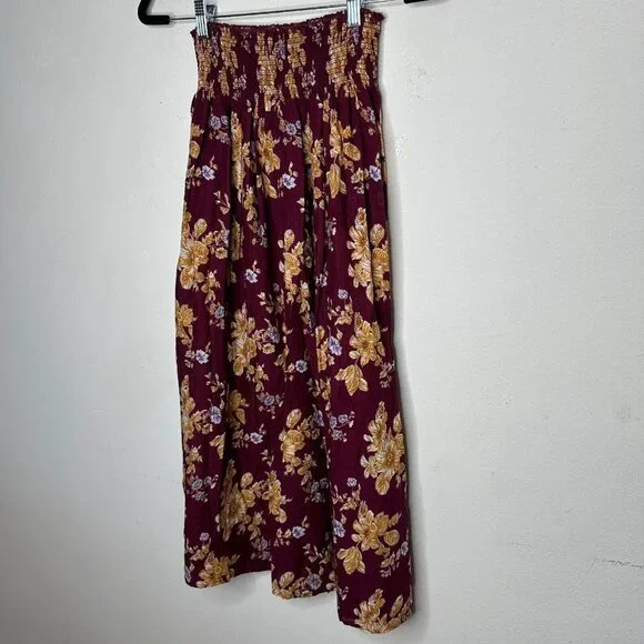 Natural Life Meadow Maroon Gold Tan Floral Smocked Waist Midi Skirt XS / S - Picture 4 of 13